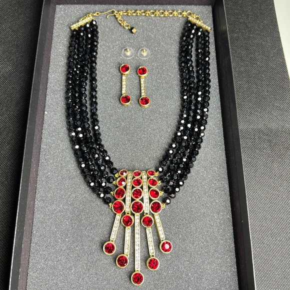 HEIDI DAUS "AN AFFAIR TO REMEMBER" 4 STRAND NECKLACE & EARRINGS SET Black & Red - Picture 1 of 14